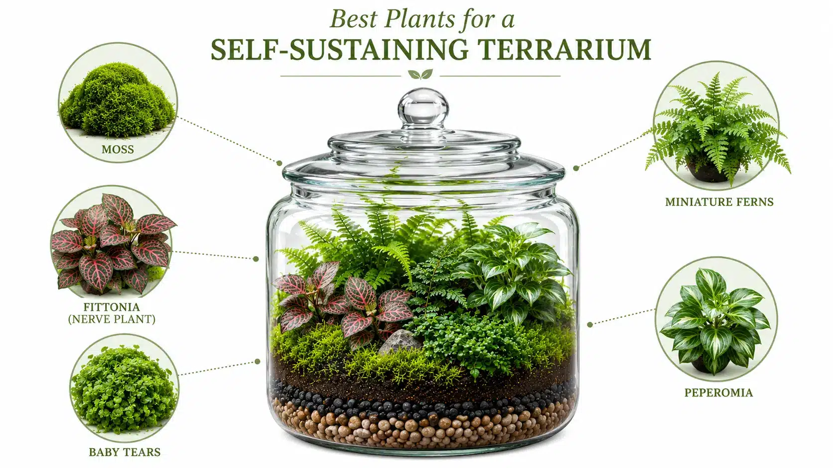 Infographic showing the best plants for a self-sustaining terrarium
