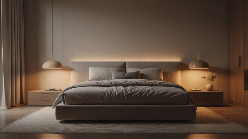 Minimalist bedroom with warm pendant lighting and simple modern decor.