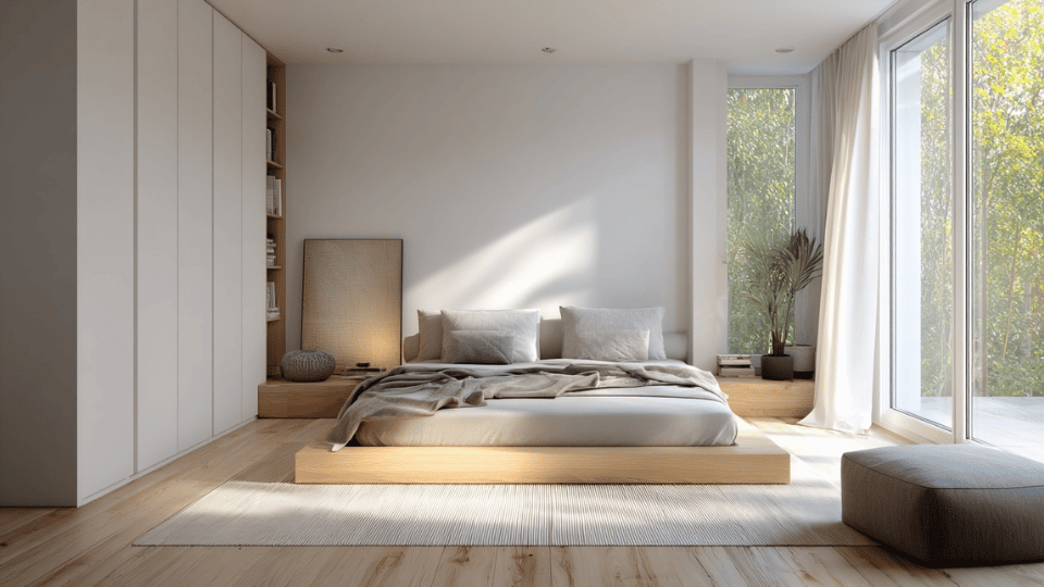 Minimalist bedroom with clear walking space and a clean functional layout.