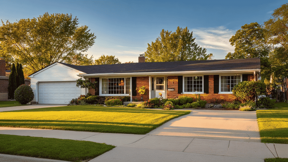 Rustic countryside ranch house with wood siding, wraparound porch, and open grassy landscape in morning light.