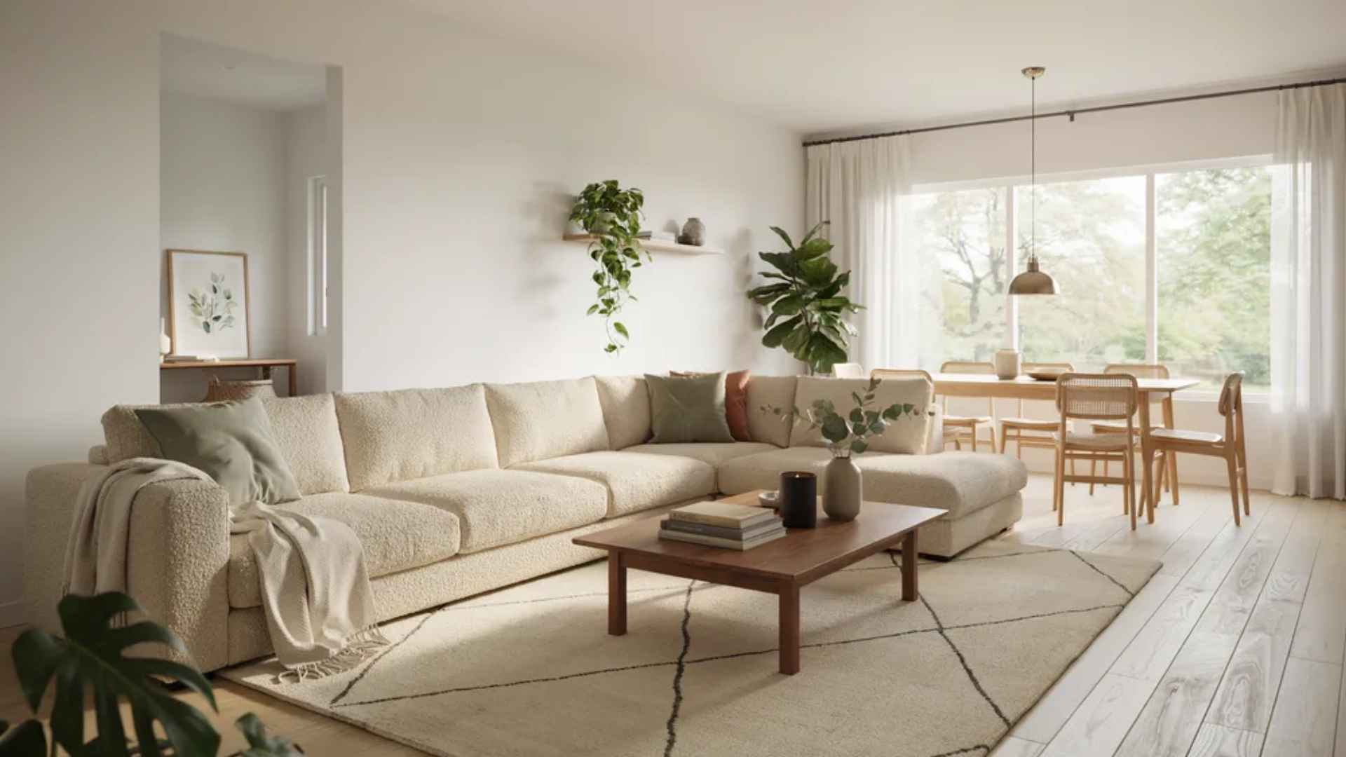 Large L-shaped sectional sofa defining a living area within an open-concept home layout.