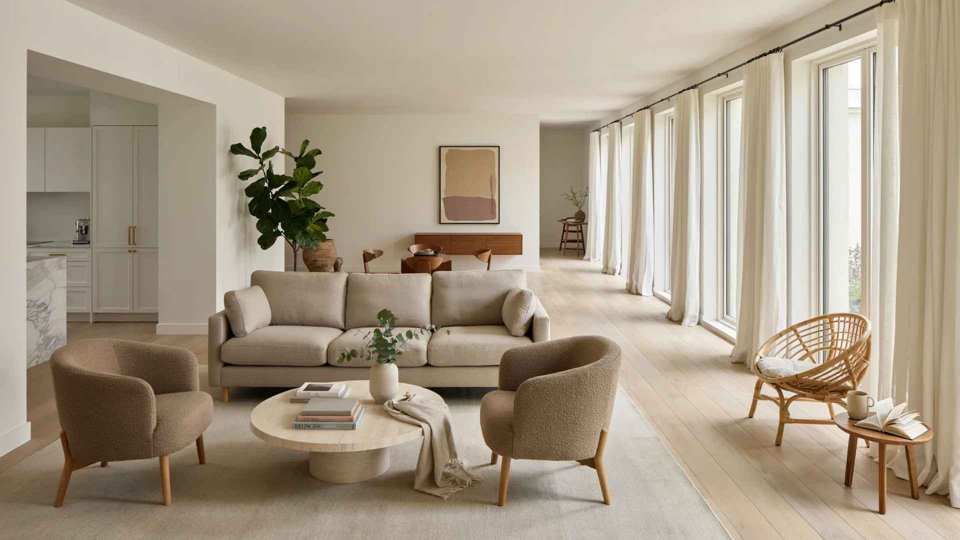 Large living room with separate seating zones that create balance and make the space feel connected.