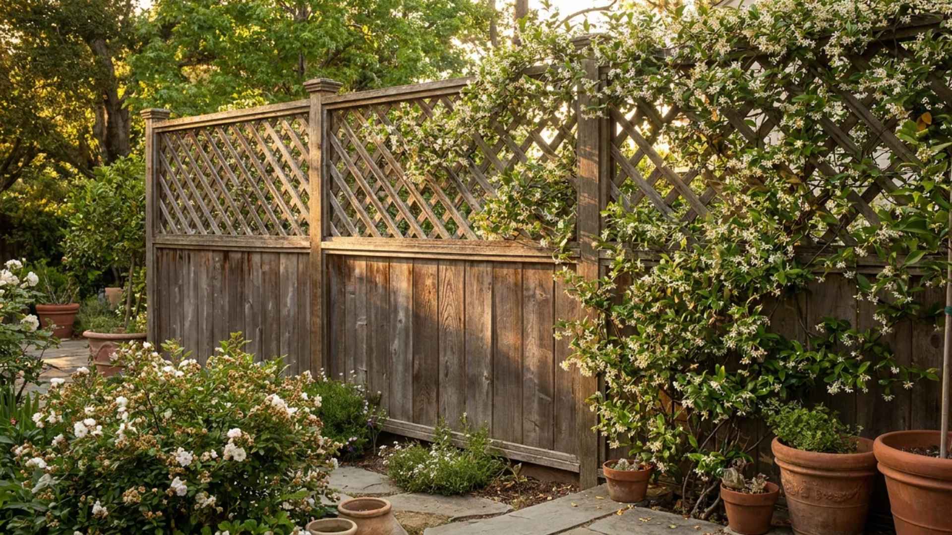 Wood fence with solid lower panel and open crisscross lattice top section beside a garden patio