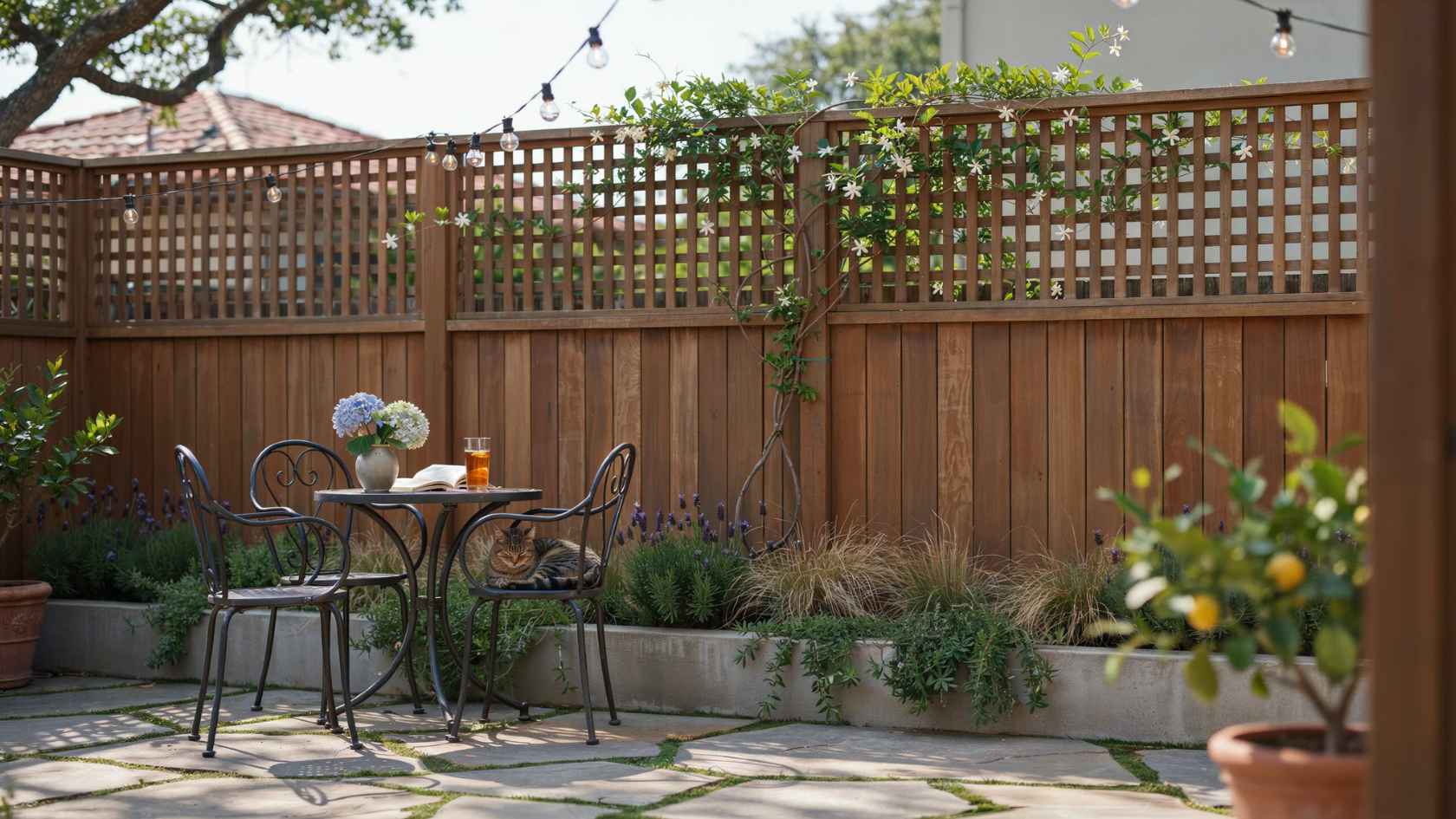 Wooden privacy fence with lattice top, climbing vines, and cozy backyard patio area.