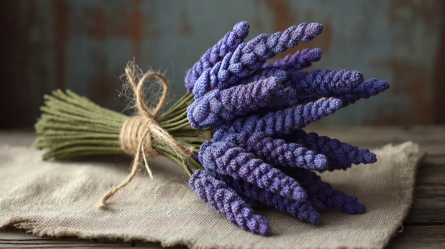 Crochet lavender bundle tied with twine and arranged on linen fabric