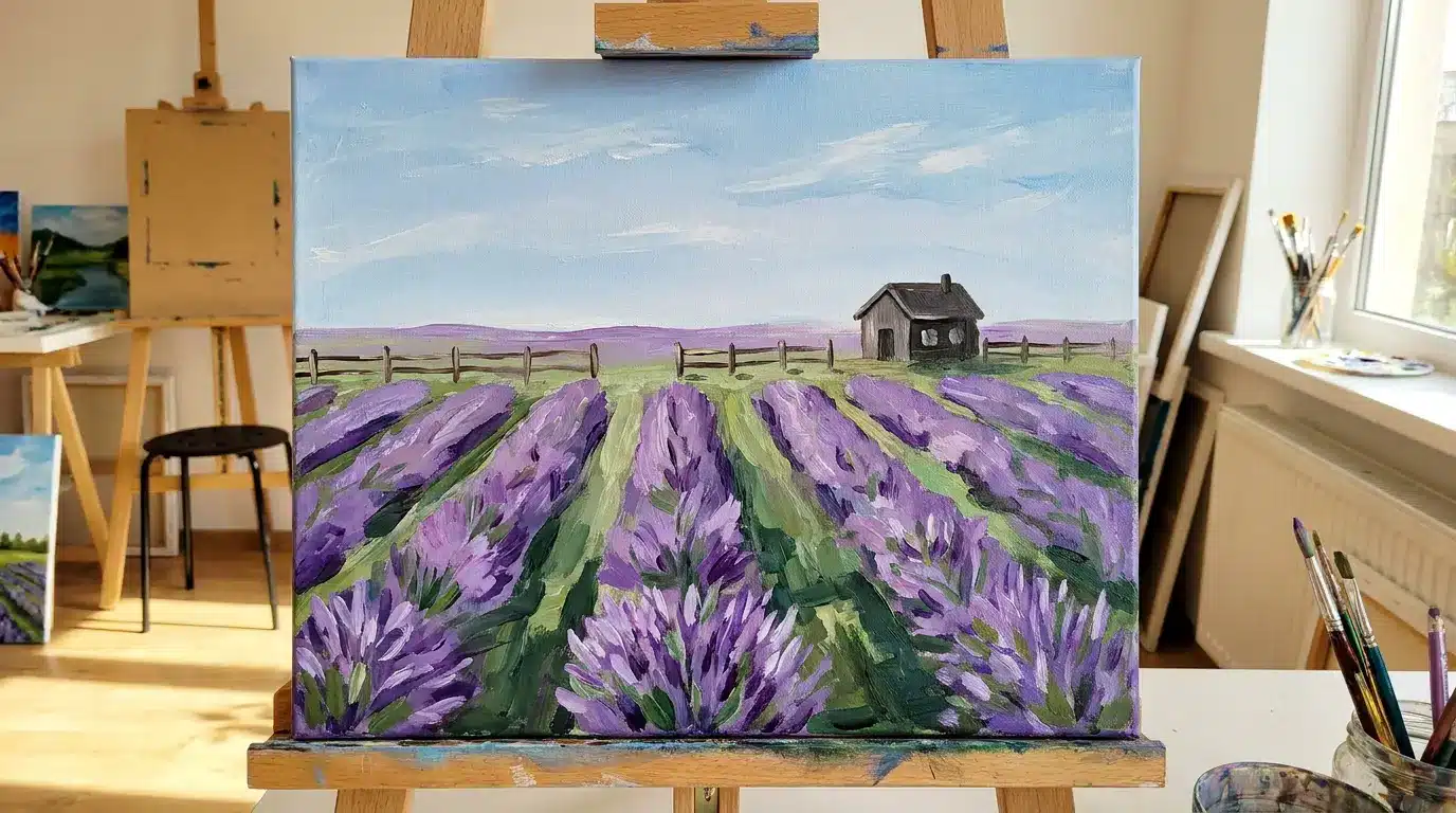 Lavender field canvas painting with purple and green rows