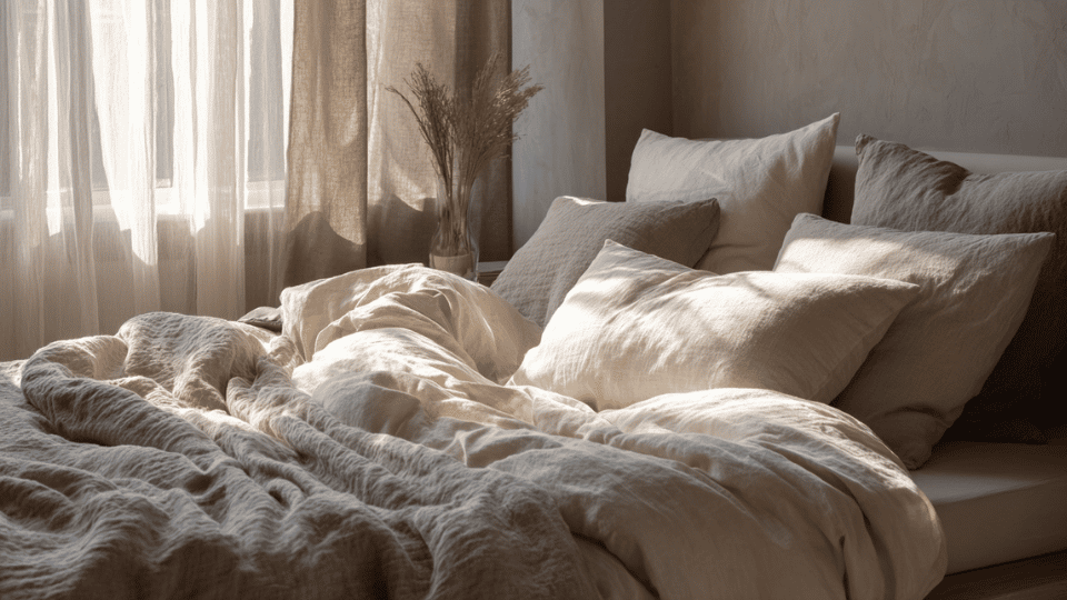 Cozy minimalist bedroom with layered neutral bedding and soft natural lighting.
