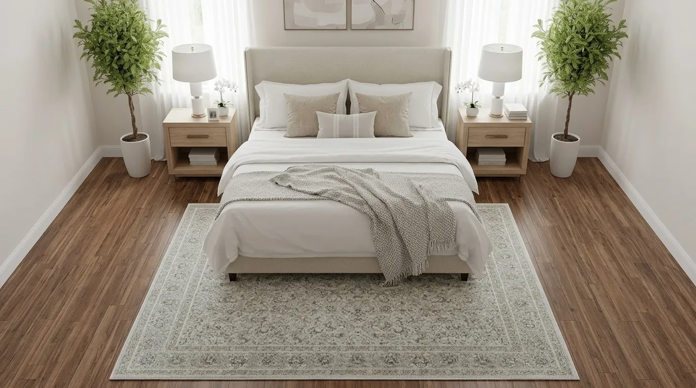 Modern bedroom showing bed with rug covering lower two thirds beneath nightstands plants on sides.