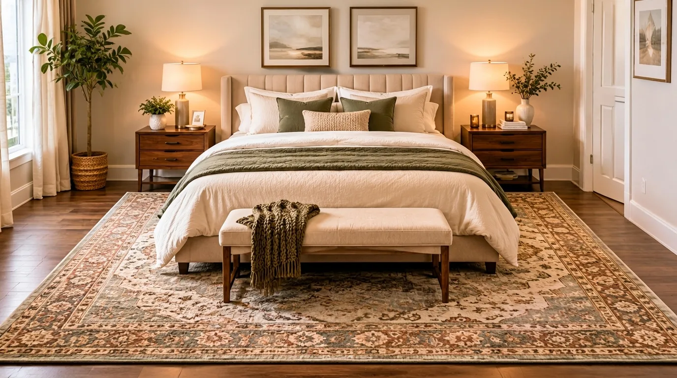 Bedroom featuring king bed with rug starting just before nightstands and symmetrical lighting decor plants