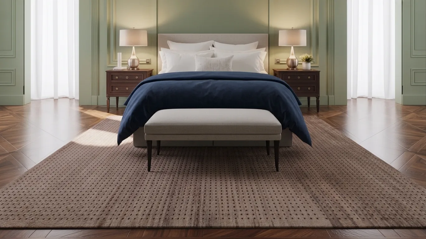 Bedroom with king bed, matching nightstands, and bench fully placed on large patterned rug centered in warm interior design space