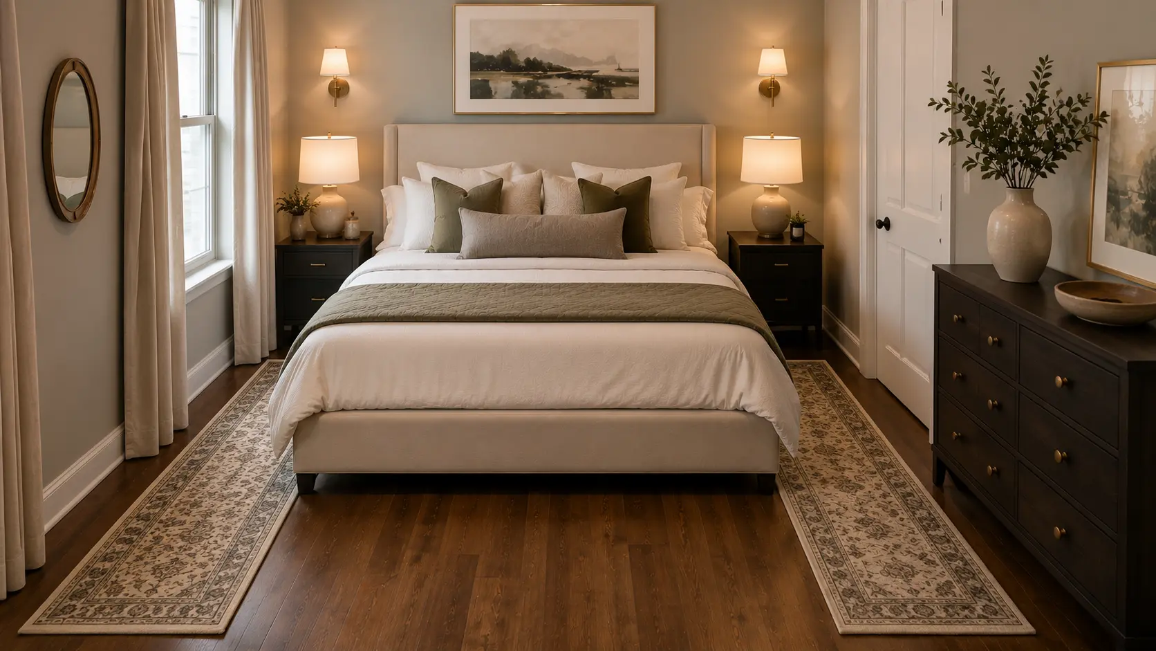 King bed with two runners on each side placed in a cozy bedroom with warm lighting and modern decor elements