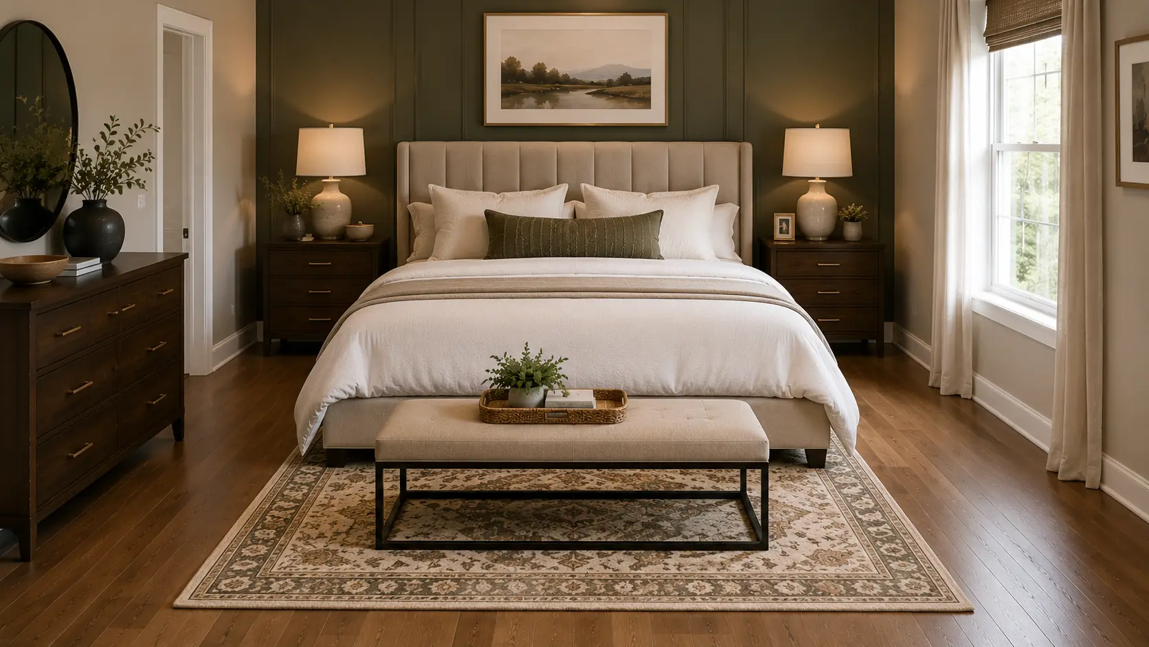 Bedroom featuring king bed with foot-of-bed rug, bench seating, and balanced nightstands in warm modern interior design style