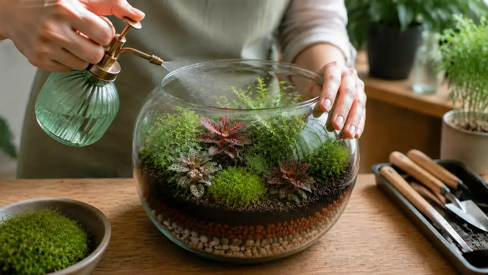 Lightly misting plants inside a terrarium