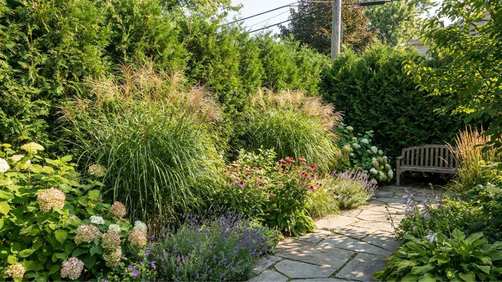 Living privacy fence made of dense shrubs and grasses creating a natural backyard screen.