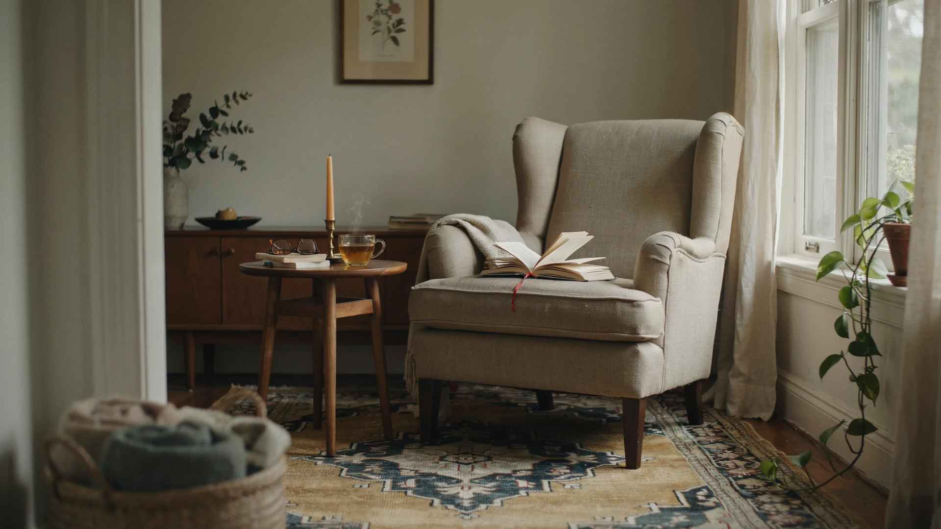 Reading corner with a comfortable chair placed near a window for natural light.