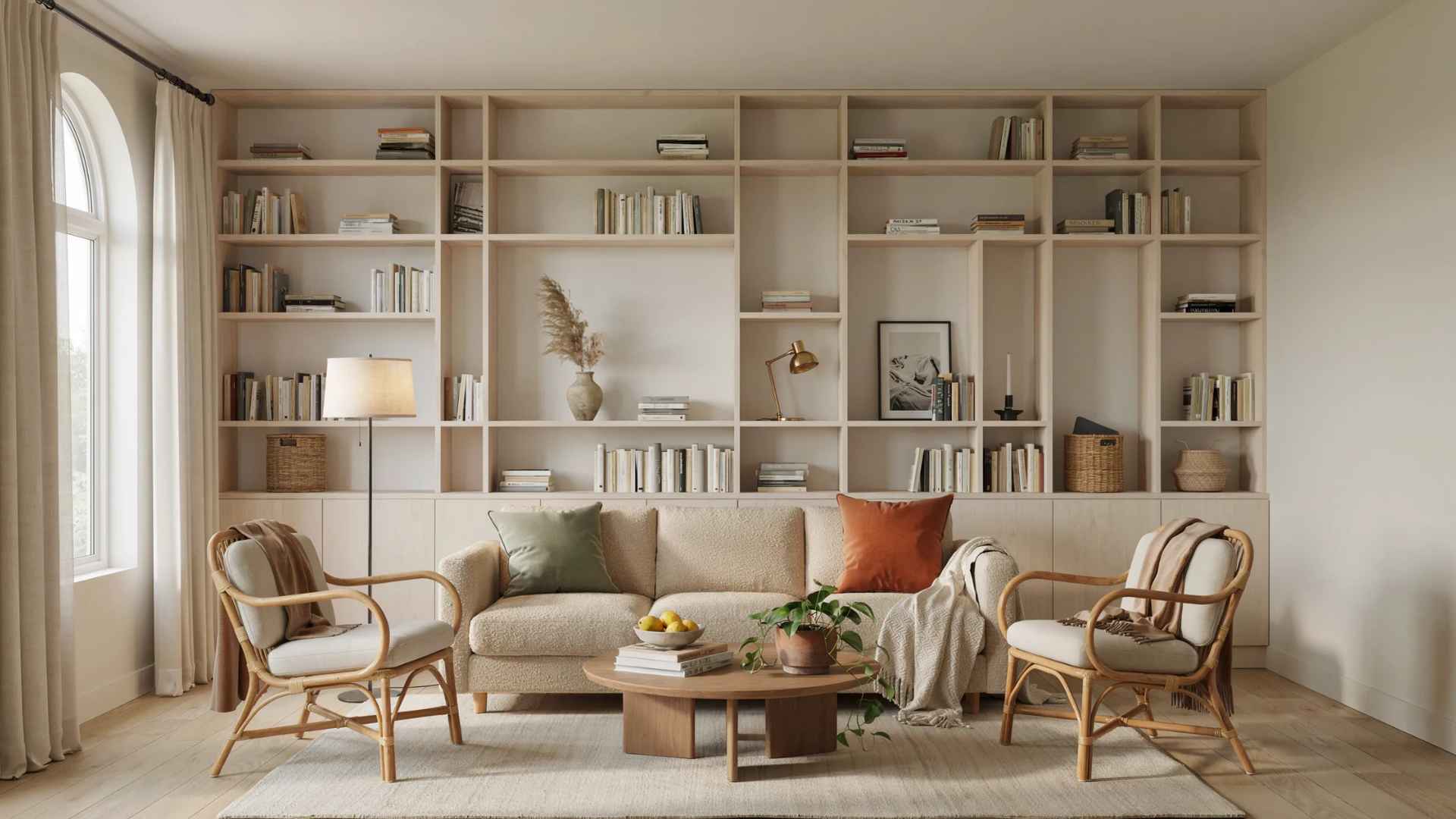 Living room with seating centered around a wall of built in shelving.