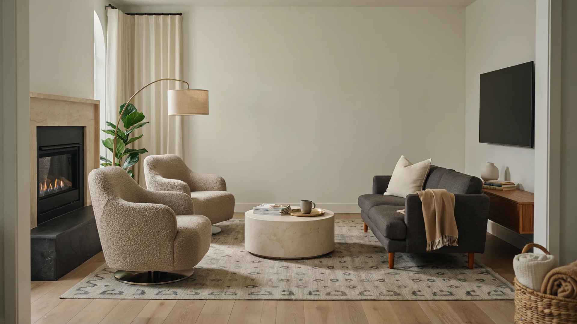 Living room arranged around both a television and fireplace with flexible seating.