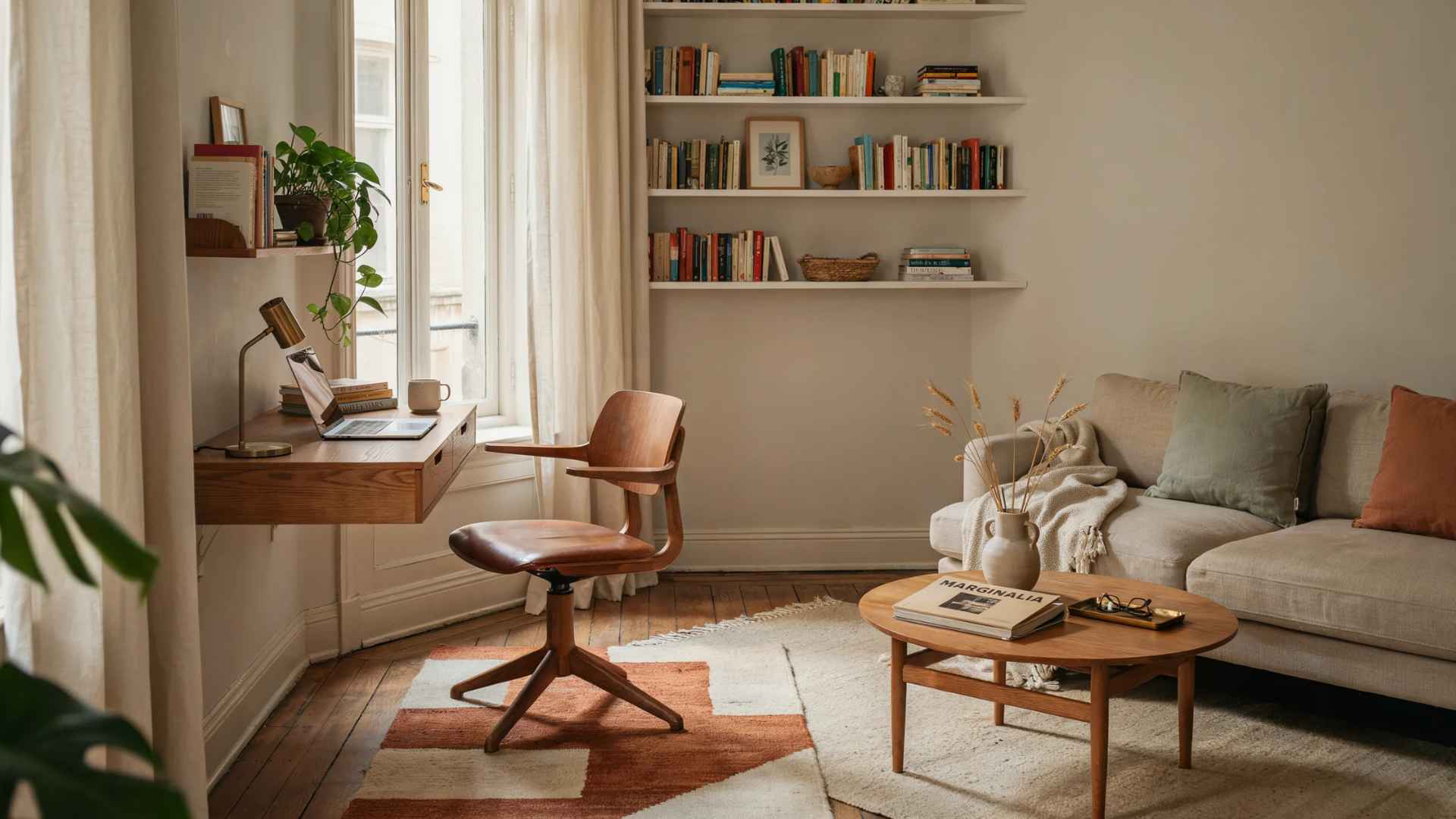 Living room with separate areas for working and relaxing.