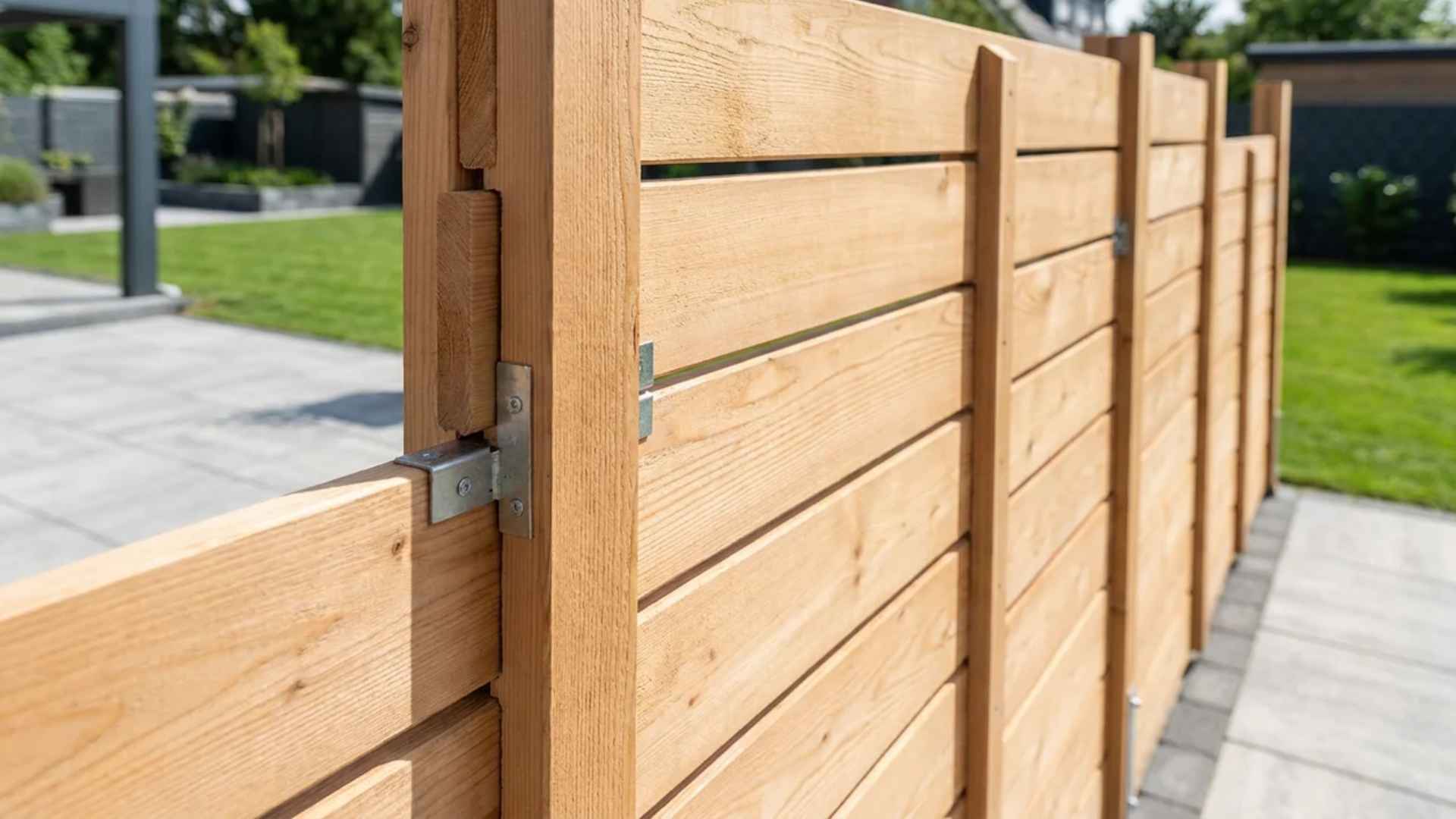 Interlocking lock board wooden fence with modular panels in a residential backyard.