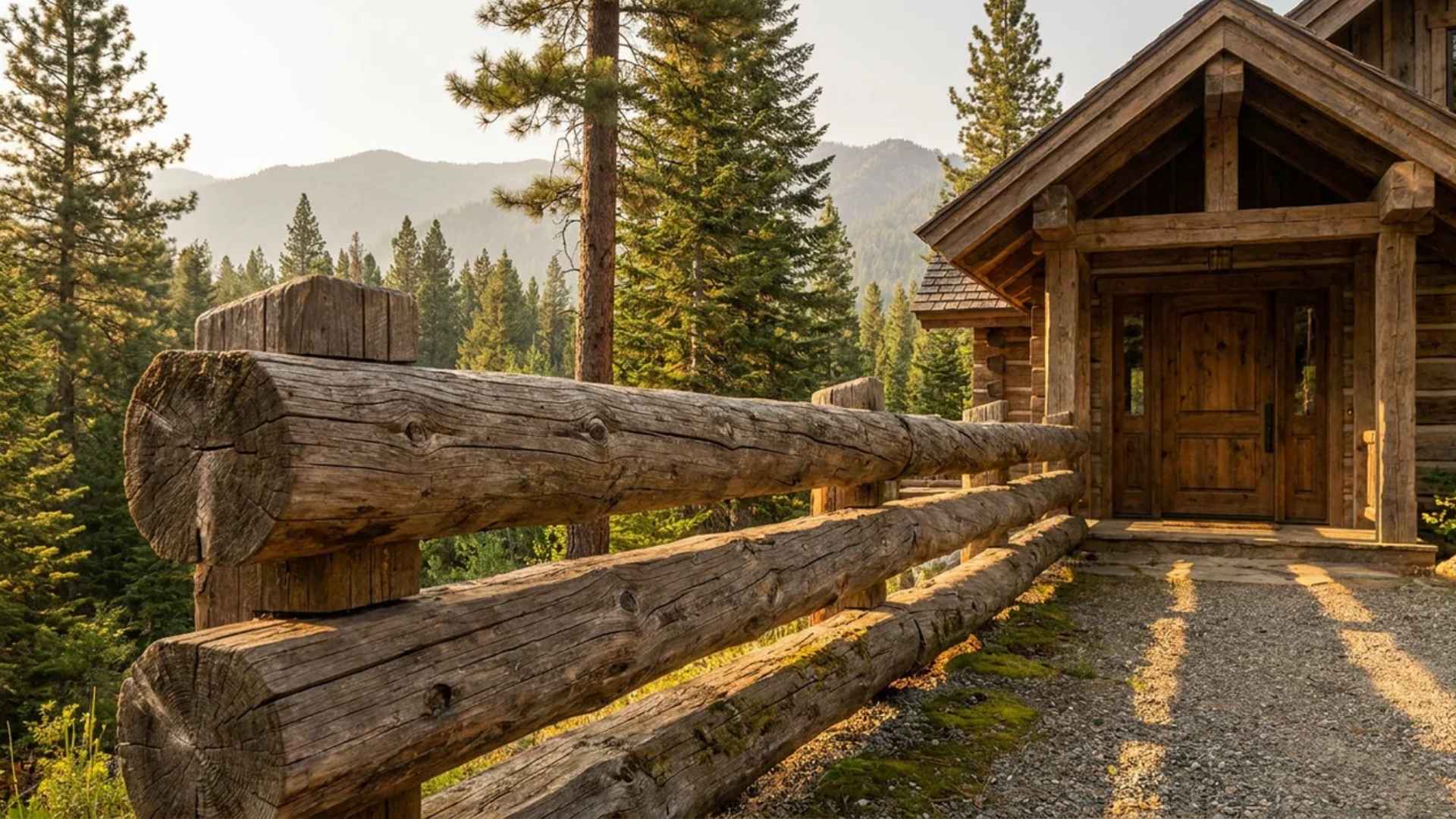 Natural log fence framing a cabin entrance surrounded by trees and woodland scenery.