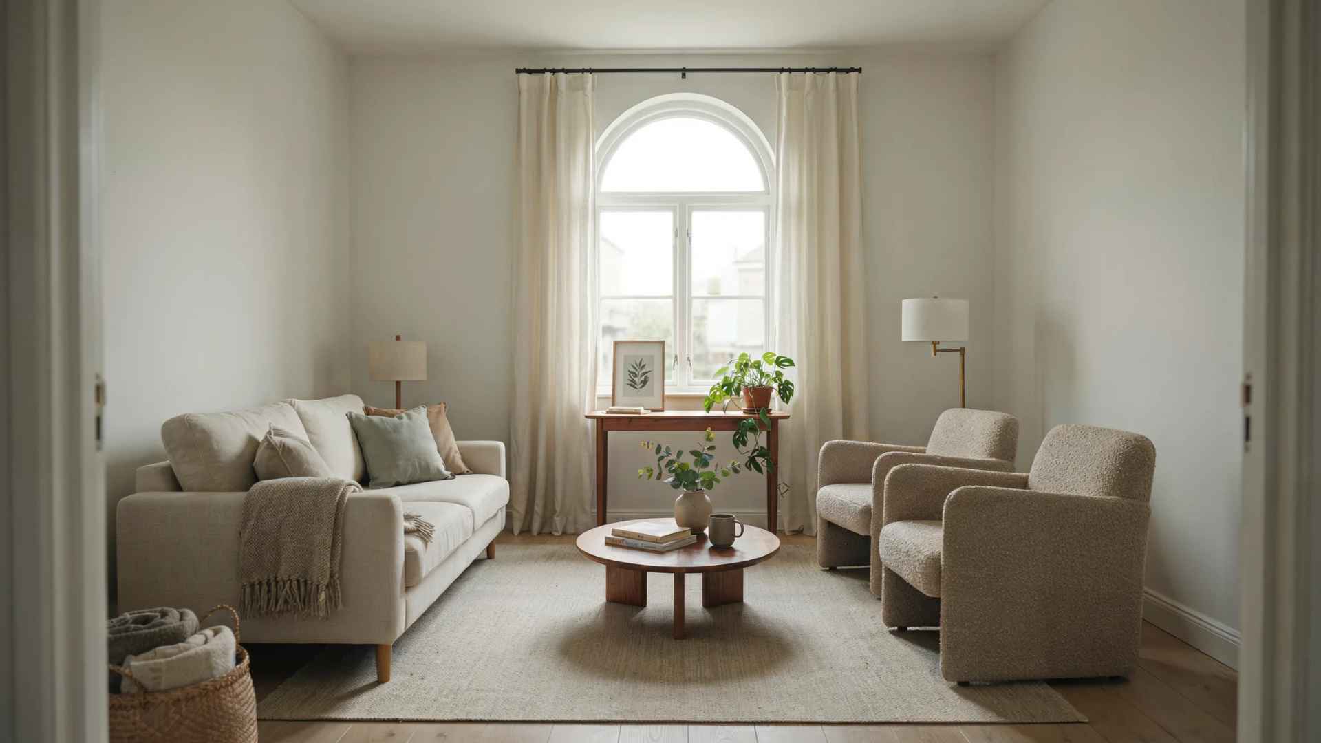 Long narrow living room with seating placed across the room to create a balanced and comfortable layout.