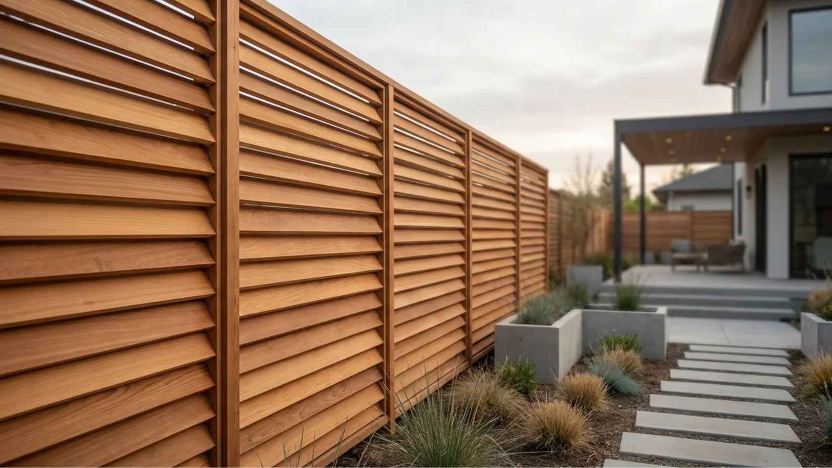 Modern louvered wood fence with angled slats creating privacy and ventilation