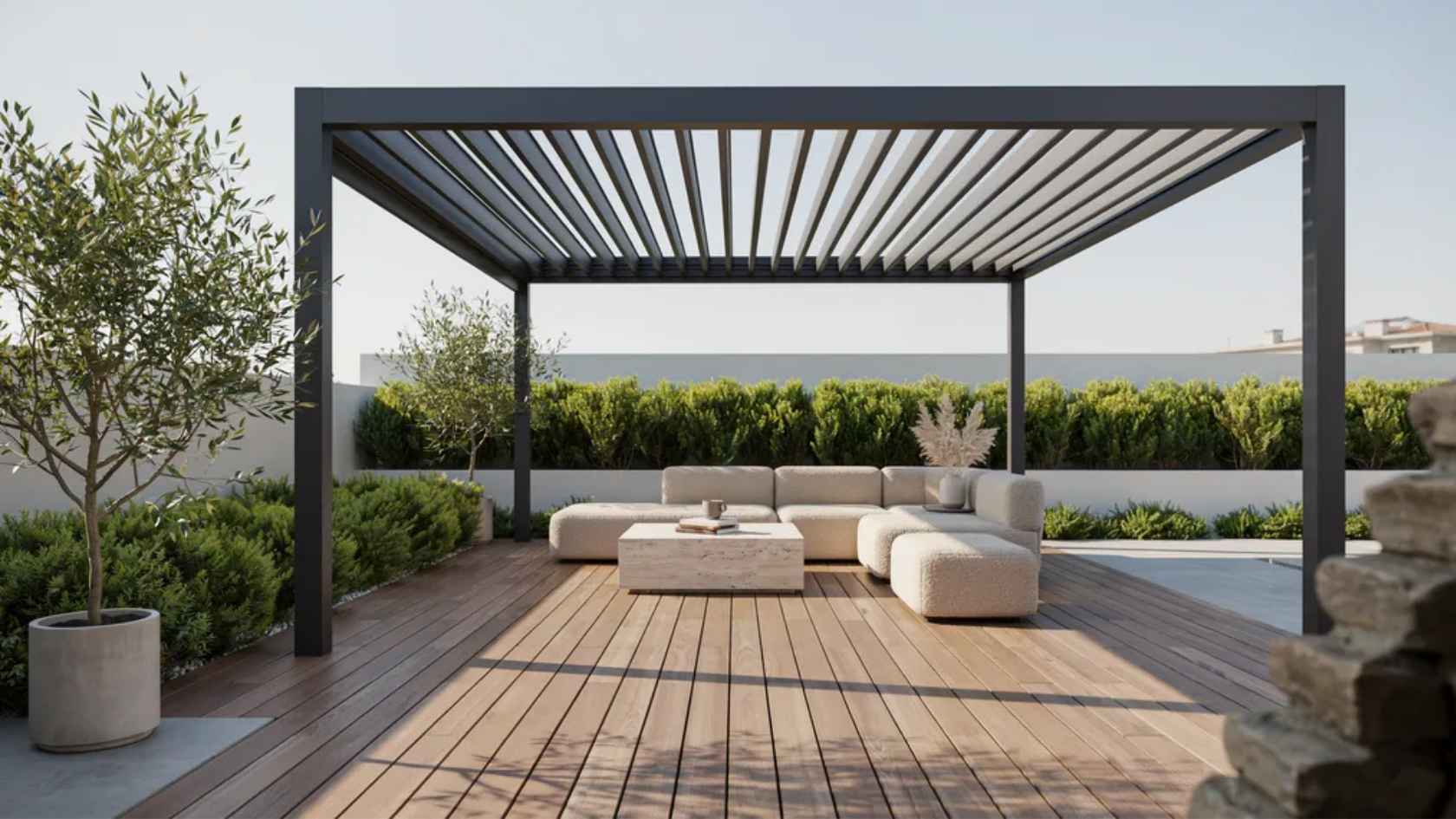 Modern louvered pergola with adjustable aluminum roof slats for sun and rain control