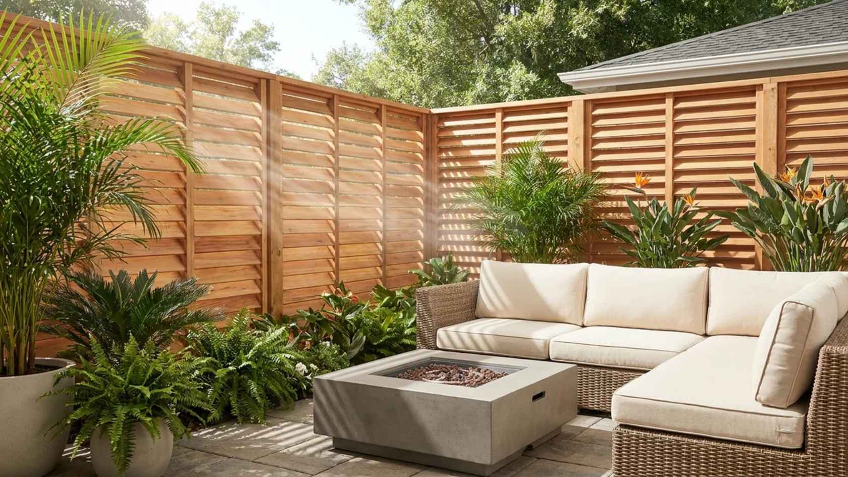 Louvered privacy fence with angled slats offering privacy while allowing natural airflow.