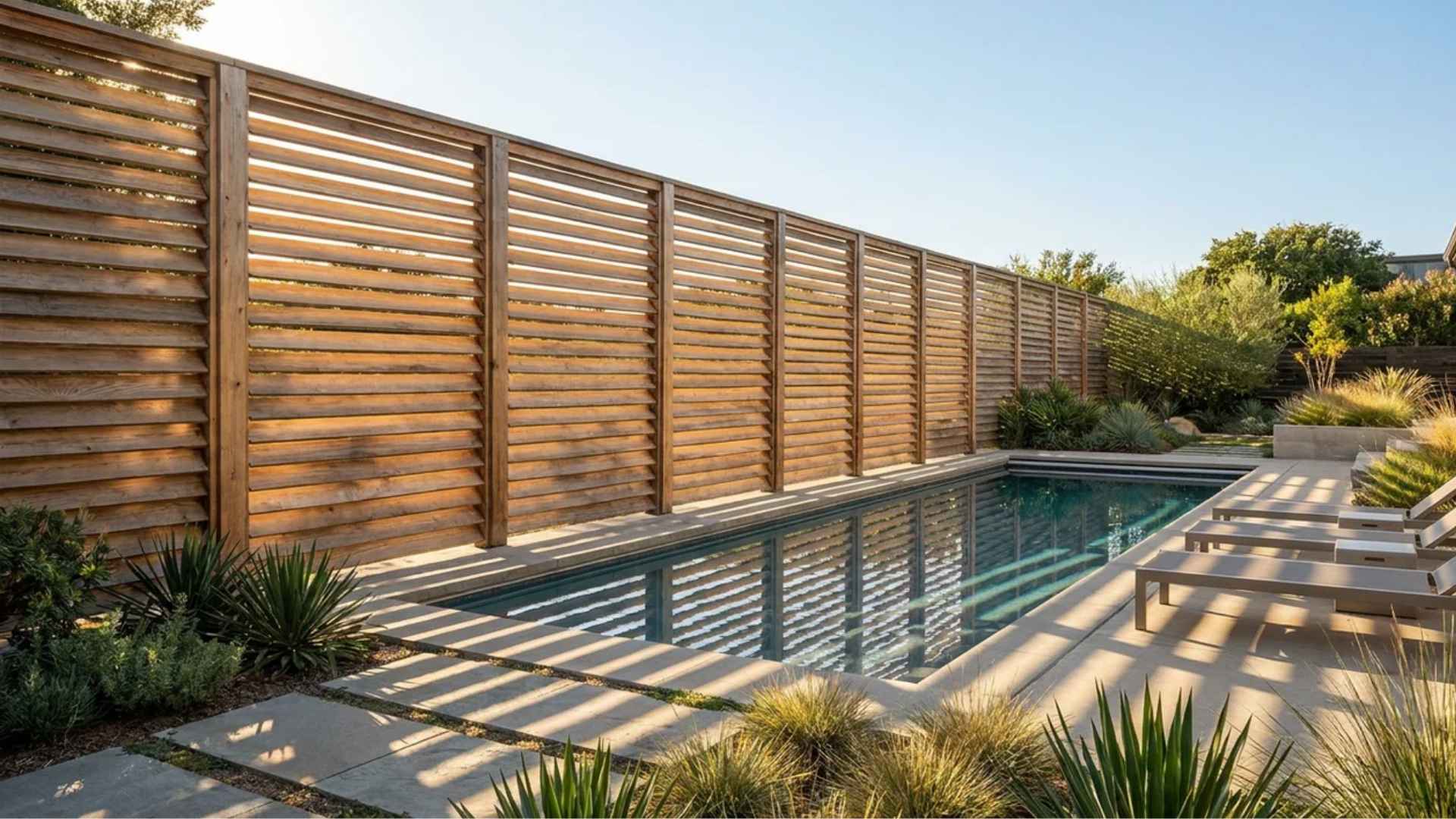 Wooden louvered fence with angled slats beside a pool and patio seating area.