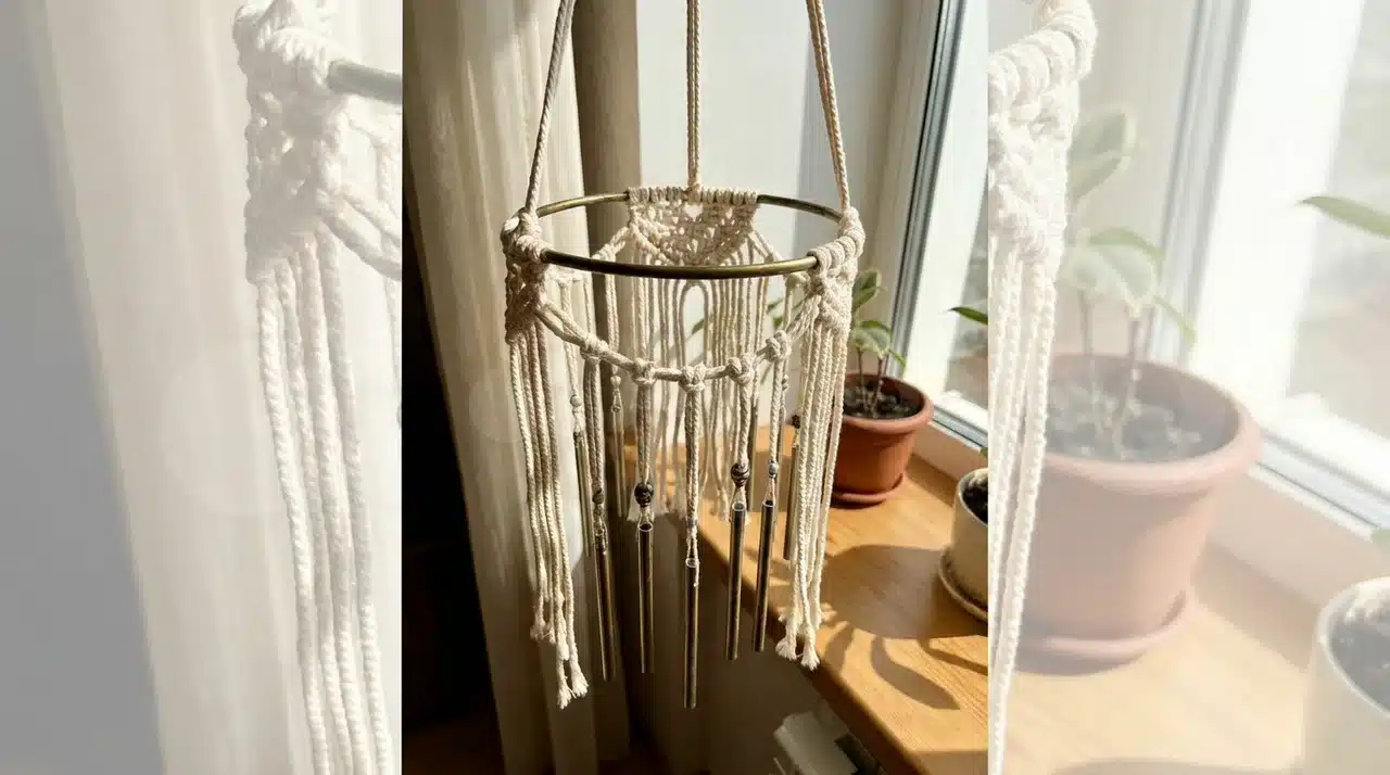 White cotton macrame wind chime with metal chime tubes hanging near a sunny apartment window