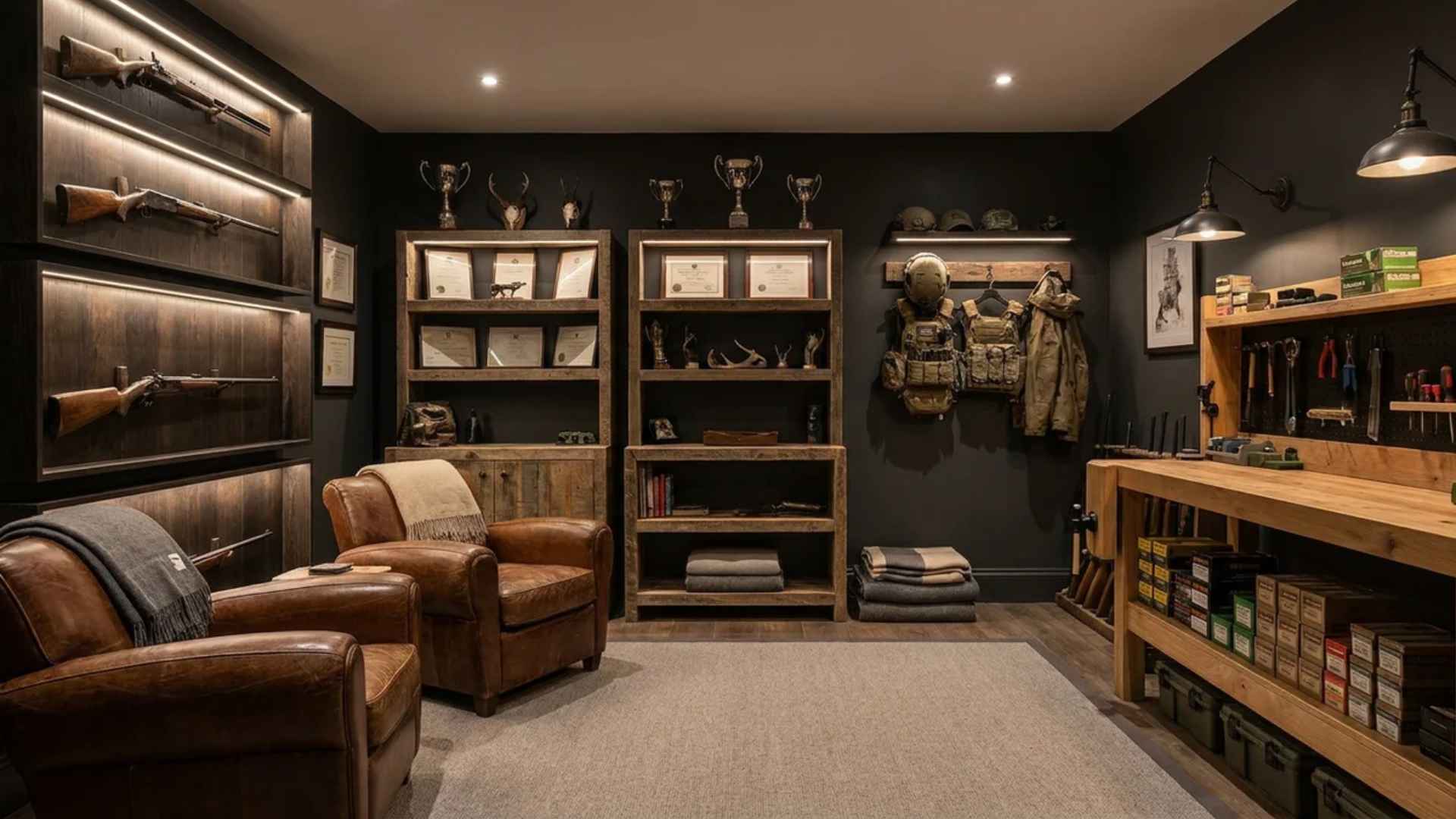 Man cave gun room with dark walls, leather seating, firearm displays, and trophy shelves