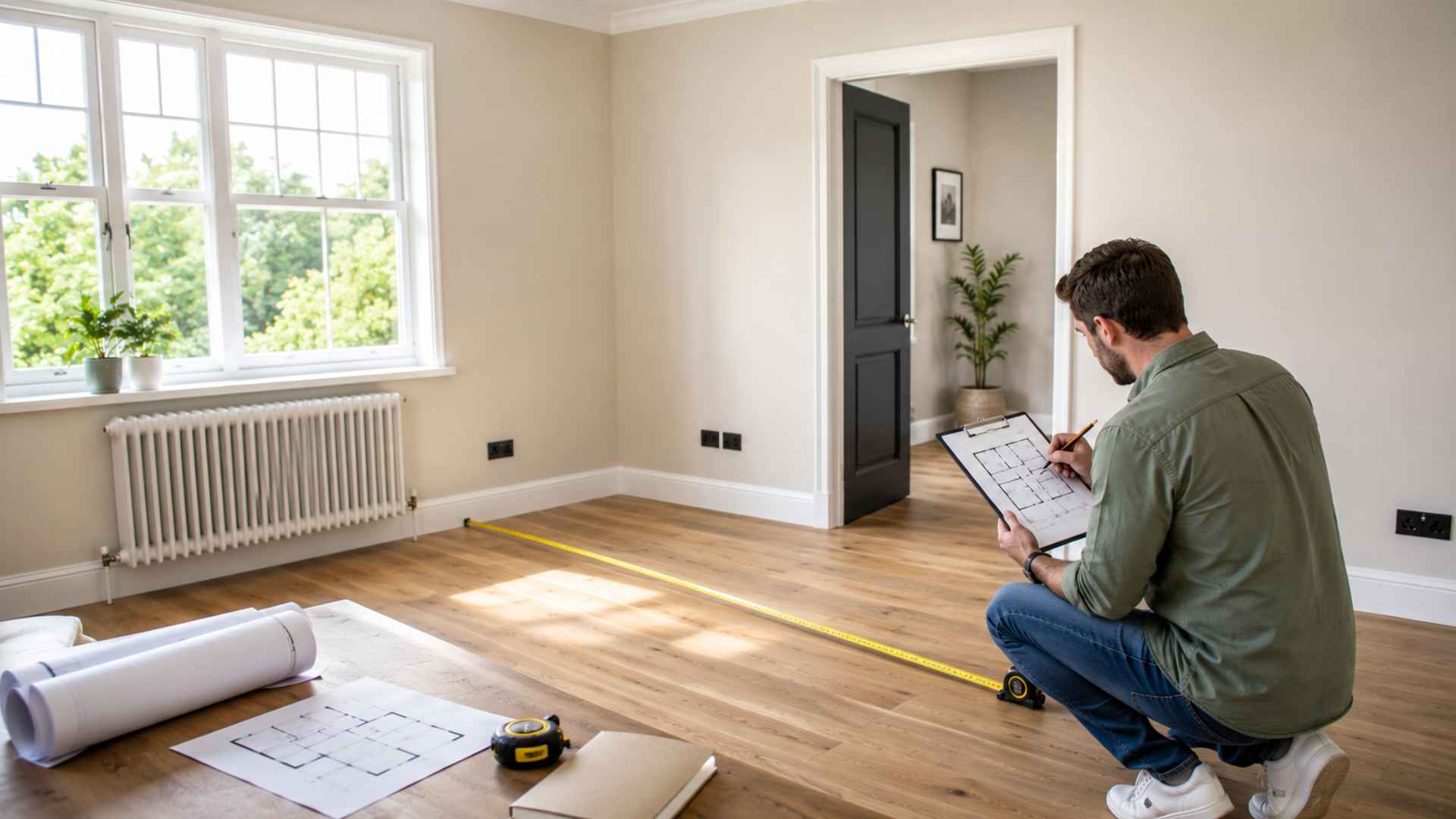 Person measuring an empty living room with a tape measure and floor plan to plan furniture placement.