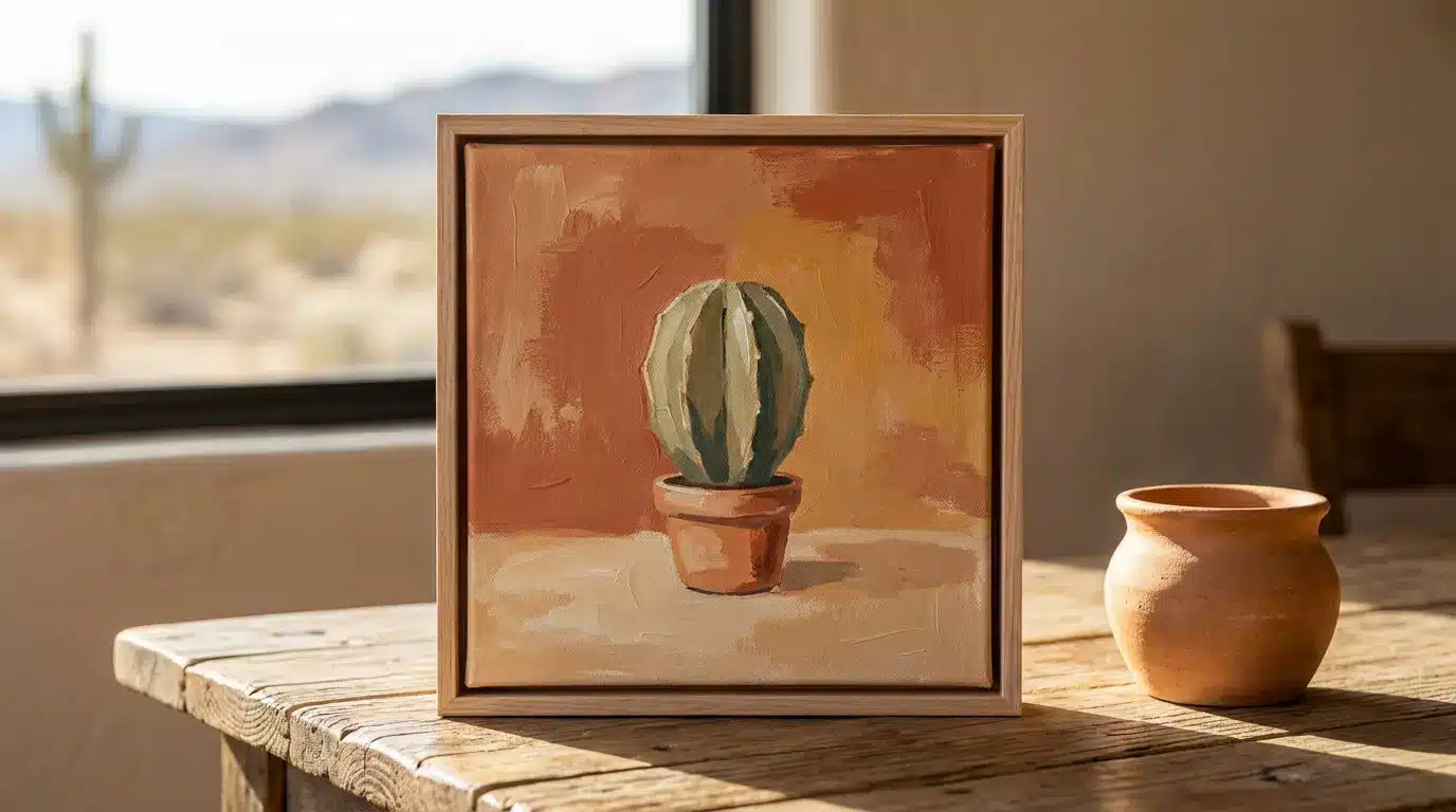 Mini cactus canvas painting on a warm desert background