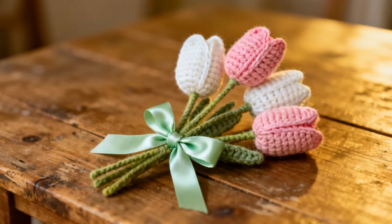 Small crochet tulip gift bouquet tied with ribbon on table
