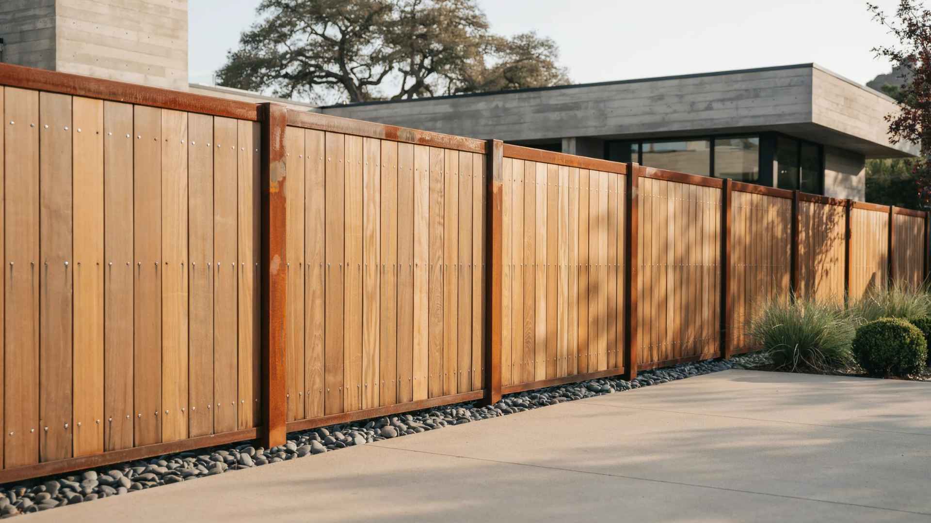Wood and steel fence combining natural timber panels with modern metal accents.