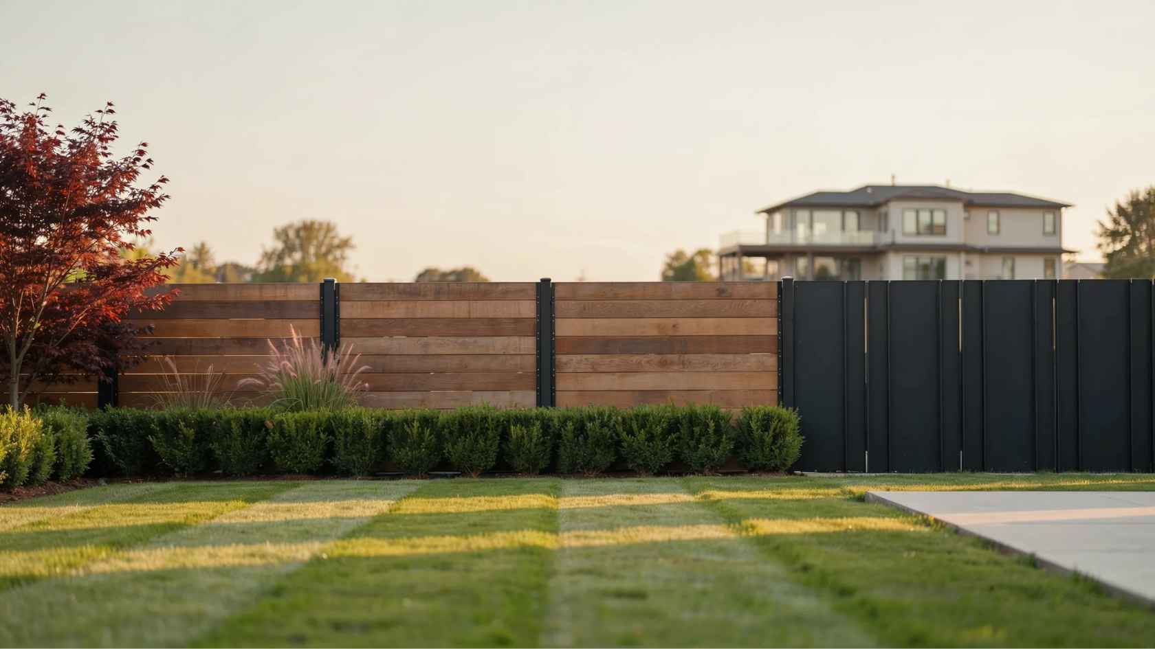Modern wood and black metal fence with clean lines bordering a landscaped backyard.
