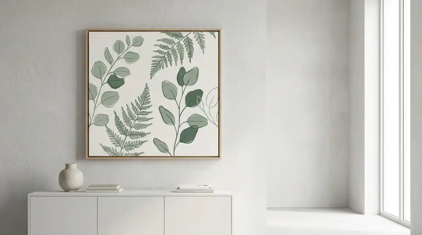 Modern botanical canvas art with simple leaves and soft green palette