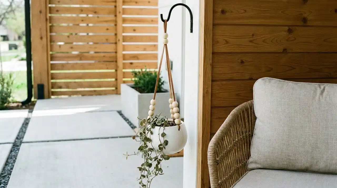 White ceramic round planter with wooden beads on faux leather cord hanging from a hook on a modern porch