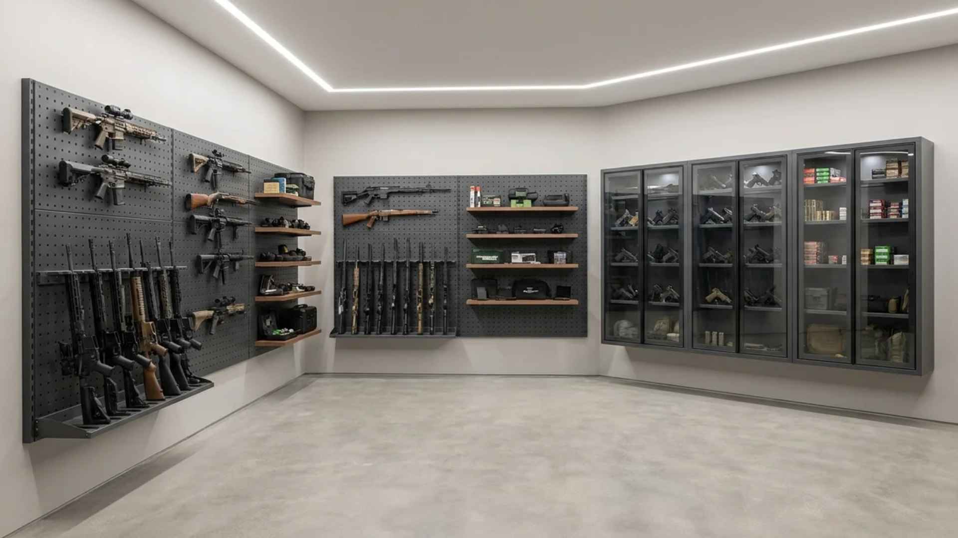 Modular gun room system with adjustable racks, cabinets, and expandable storage panels