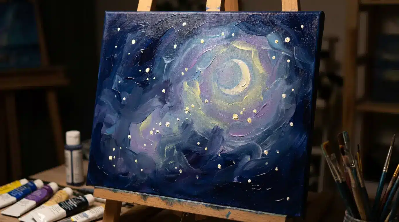Moon and stars night sky canvas painting in dark blue and white