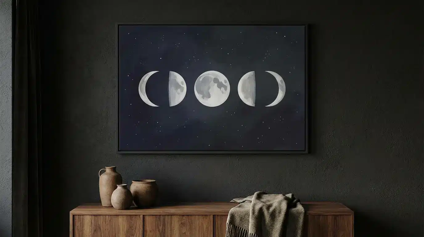 Moon phases canvas painting with crescent to full moon sequence