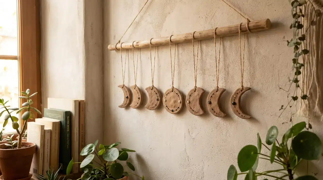 Handmade clay moon phase shapes with bead details hanging in order from a wooden dowel on a wall
