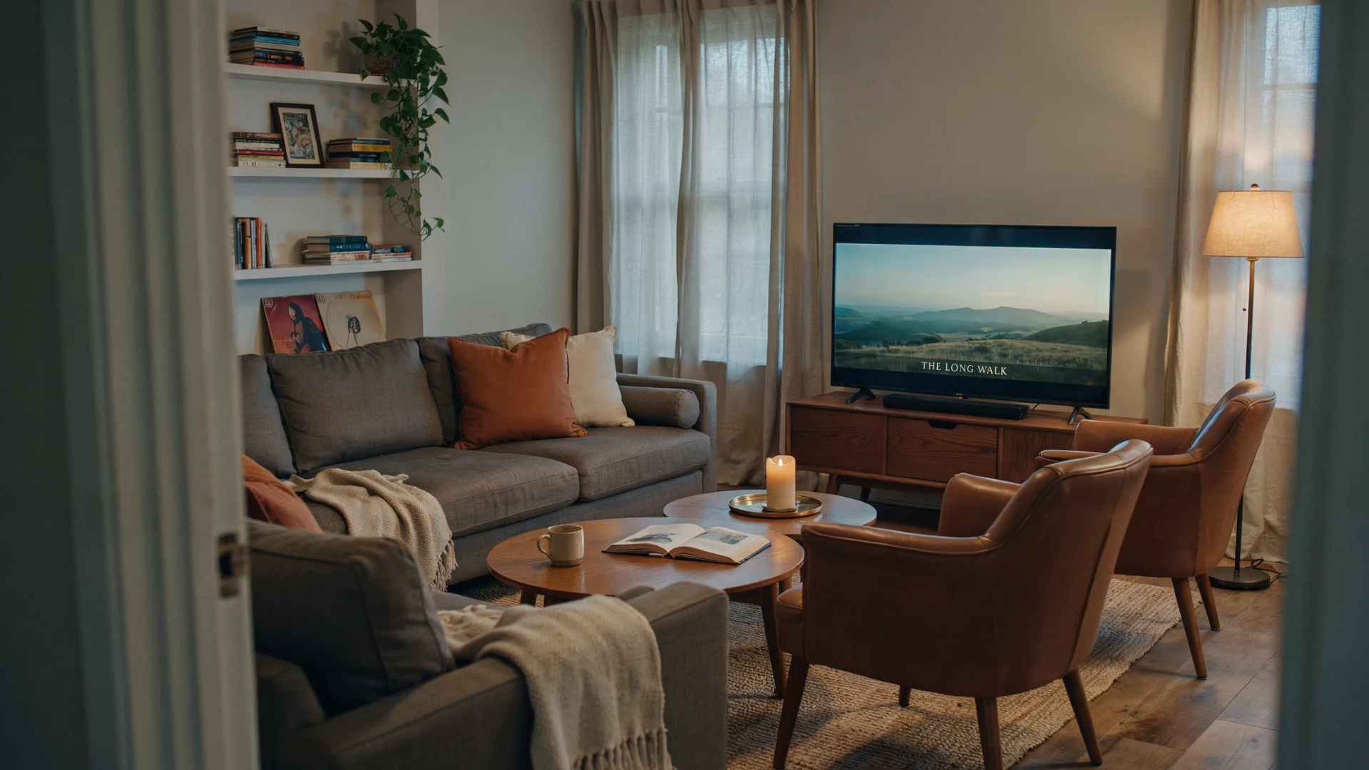 Living room with seating focused on a television for movie watching.