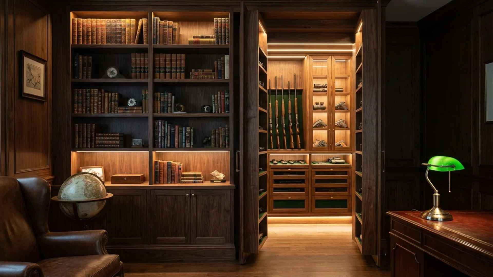 Hidden Murphy door bookshelf opening to a concealed gun room with organized firearm storage