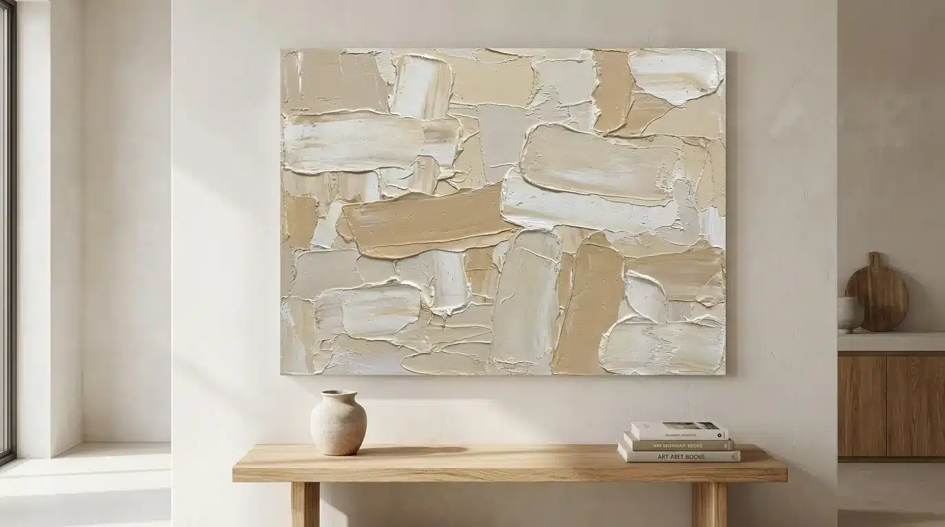 Neutral textured abstract canvas art in beige, white, and cream