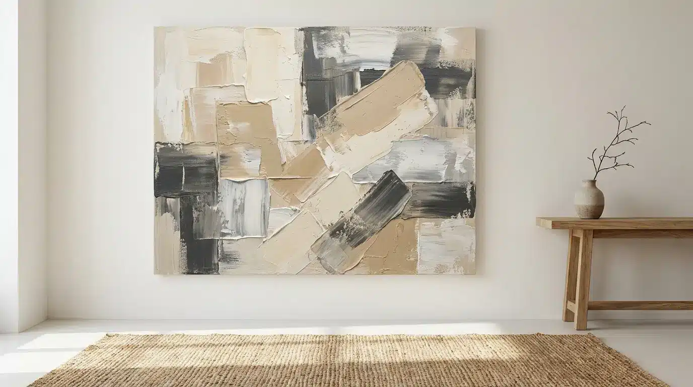 Neutral textured wall art canvas painting in white, grey, and beige