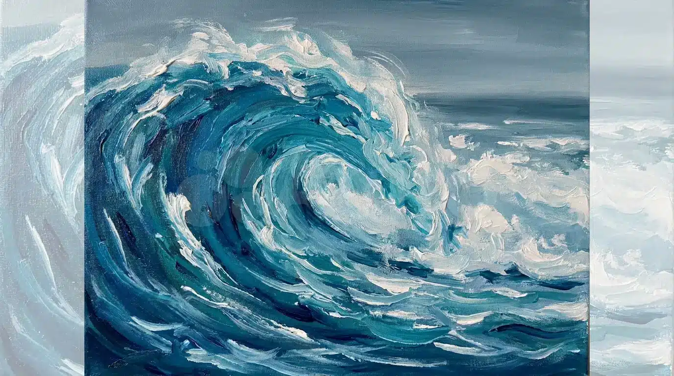 Ocean waves canvas painting with blue and white foam detail
