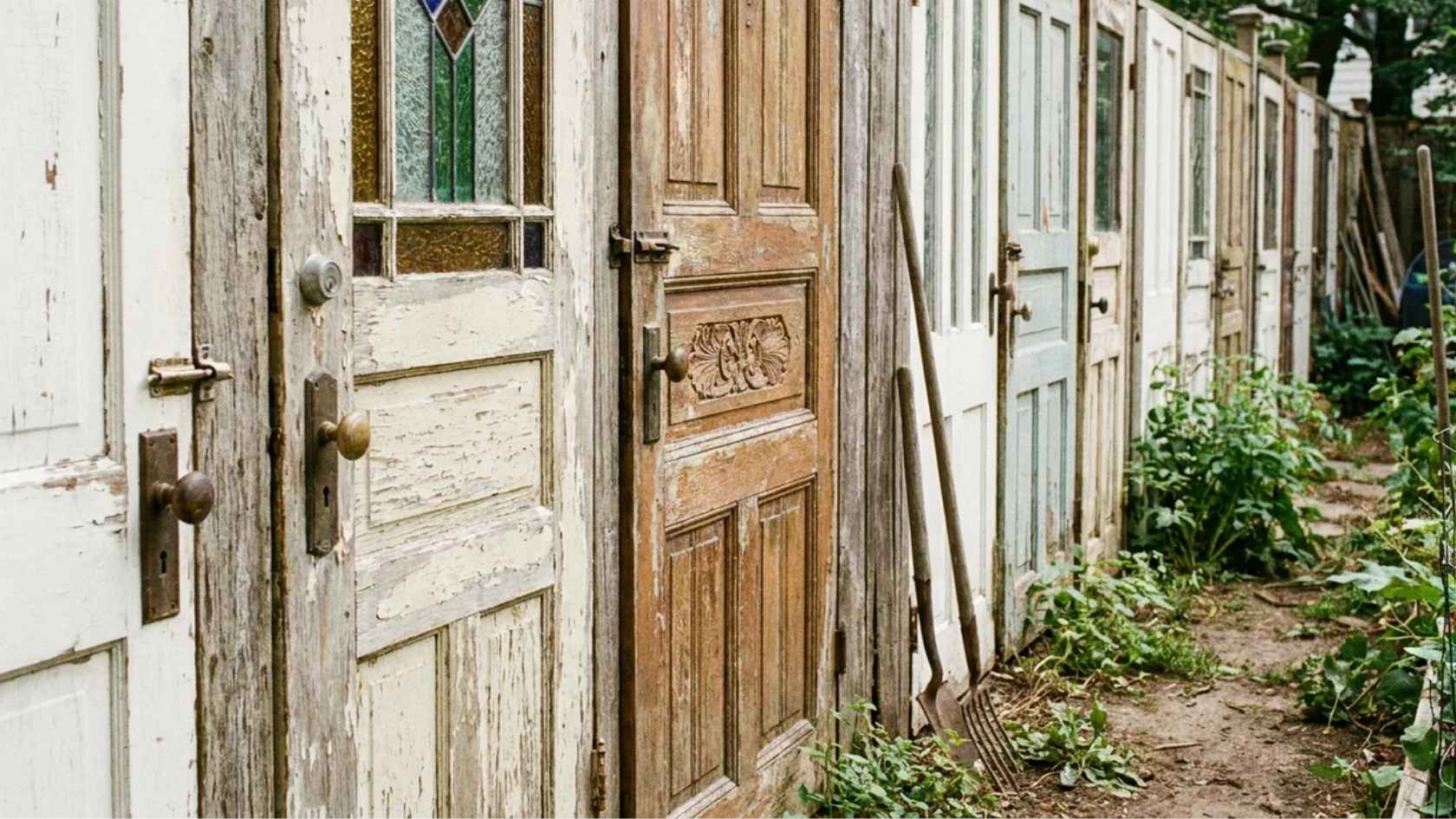 Old door fence made from salvaged doors for creative backyard privacy
