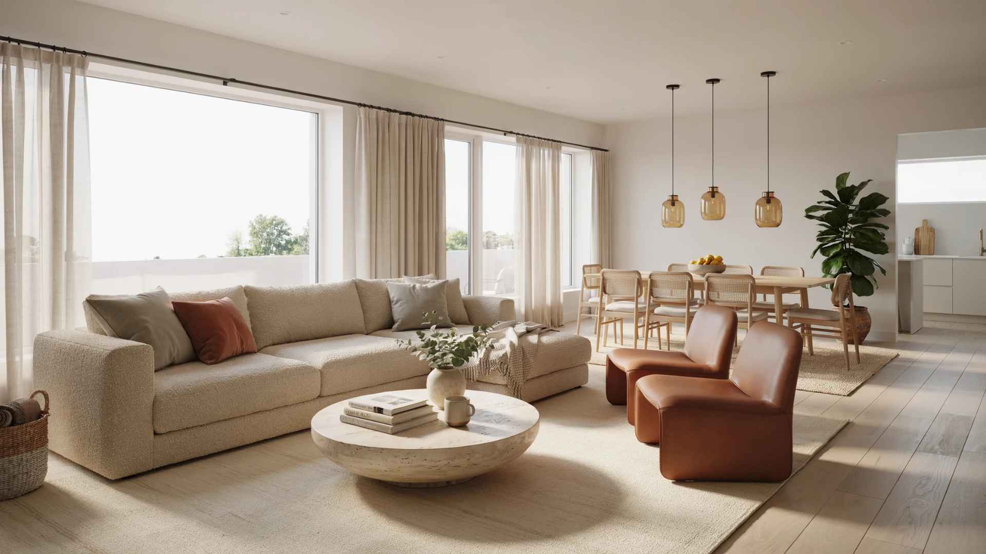 Open concept living room with furniture arranged into distinct zones using rugs and floating seating.