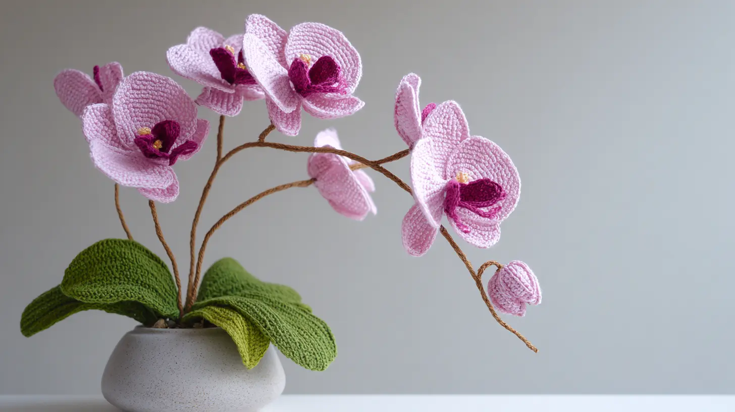 Crochet orchid arrangement with curved stems and detailed blooms